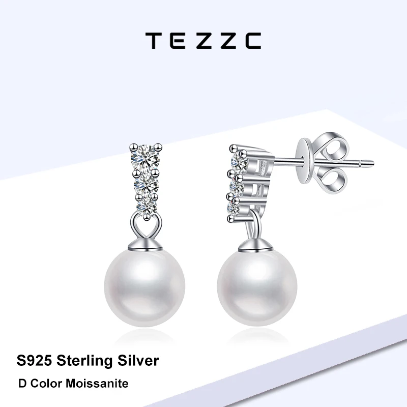 

Tezzc Full Moissanite Pearl Drop Earring 925 Sterling Silver Dangle Earrings for Women Wedding Party Fine Jewelry Gift Wholesale