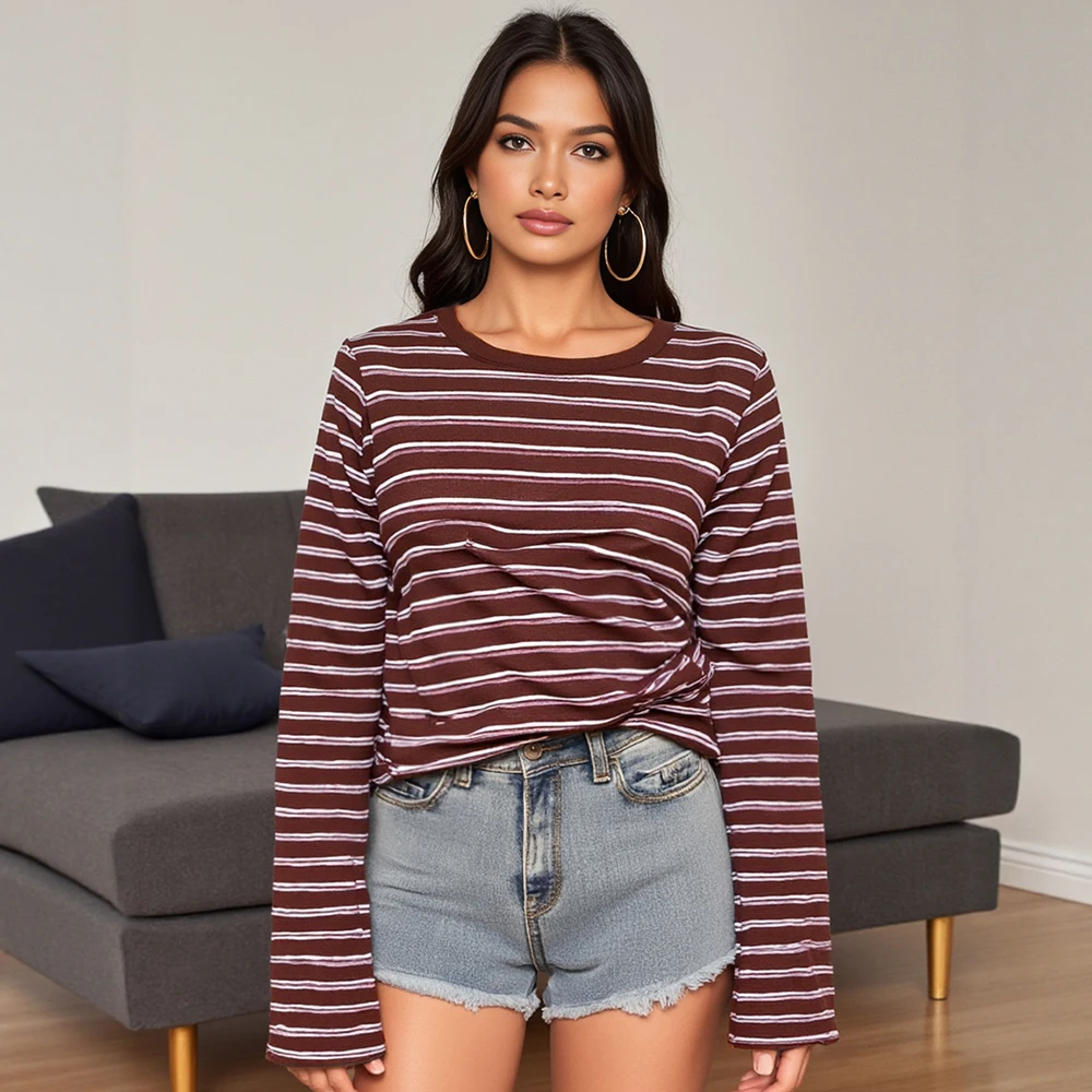 

Mia Muse Boutique женские футболки осень-зима повседневные базовые приличные удобные полосатые повседневные футболки с круглым вырезом и длинными рукавами