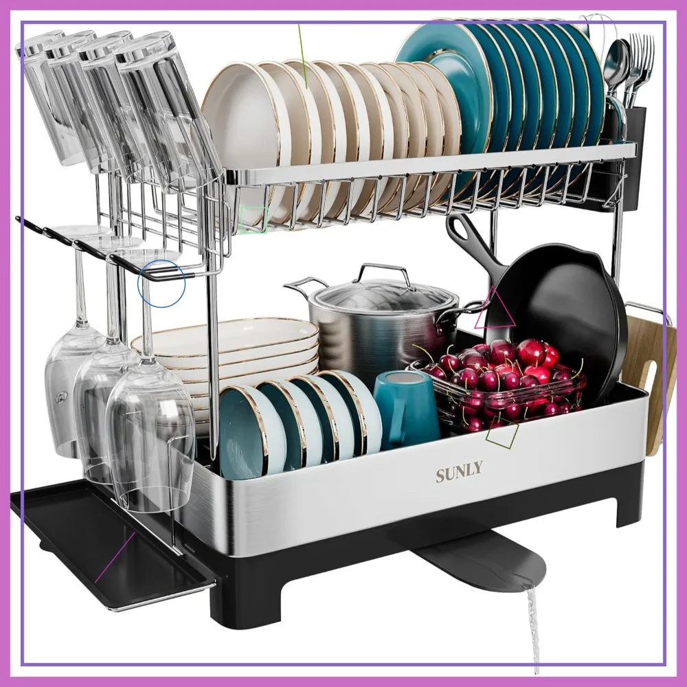 

Extra Large 2-Tier Dish Drying Rack, Multifunctional Kitchen Counter Drainer with Extendable Spout in Black Stainless Steel