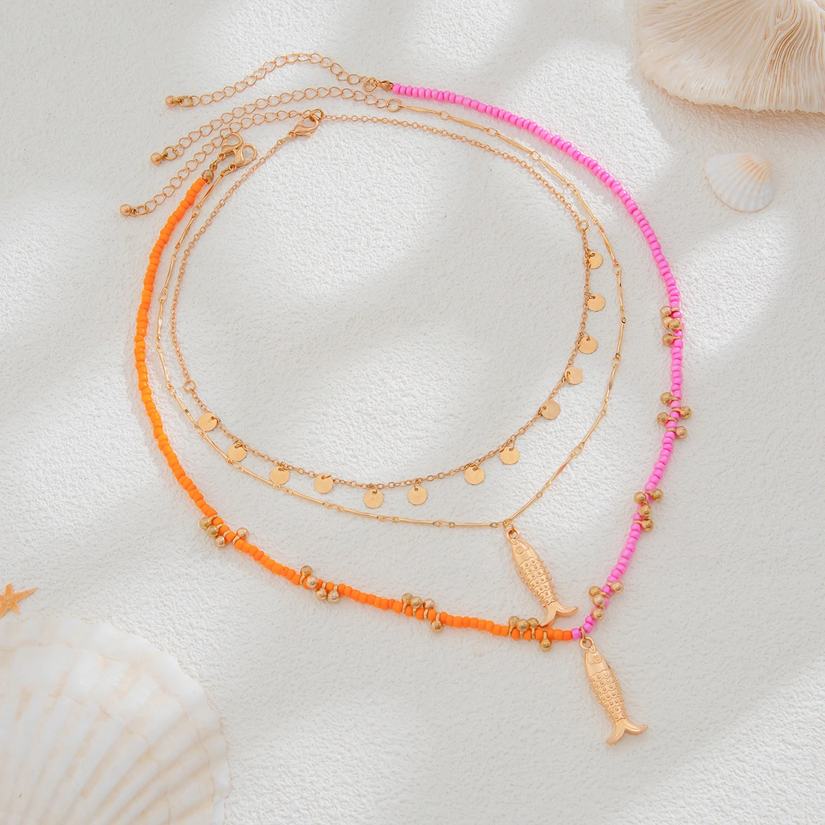 Ingemark 3Pcs/Set Bohemian Colorful Seed Bead Chain Necklace for Women Vintage Metal Fish Pendant Choker Y2K Jewelry Accessories