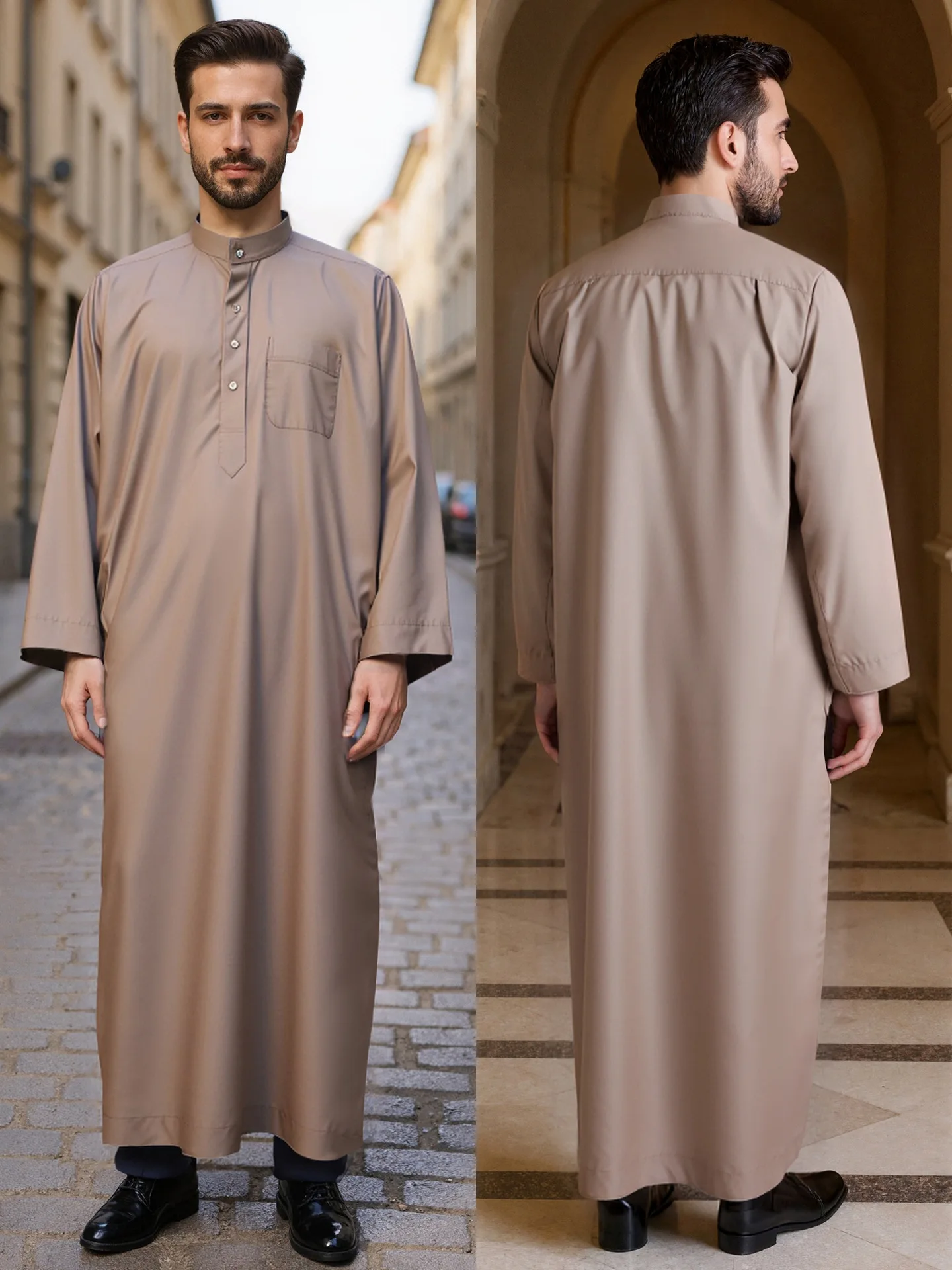 Jubah Panjang Pria Bahan Polyester, Jubah Kerah Tegak Gaya Qatar, Desain Saku, Pakaian Pria Arab dan Timur Tengah, Tersedia dalam