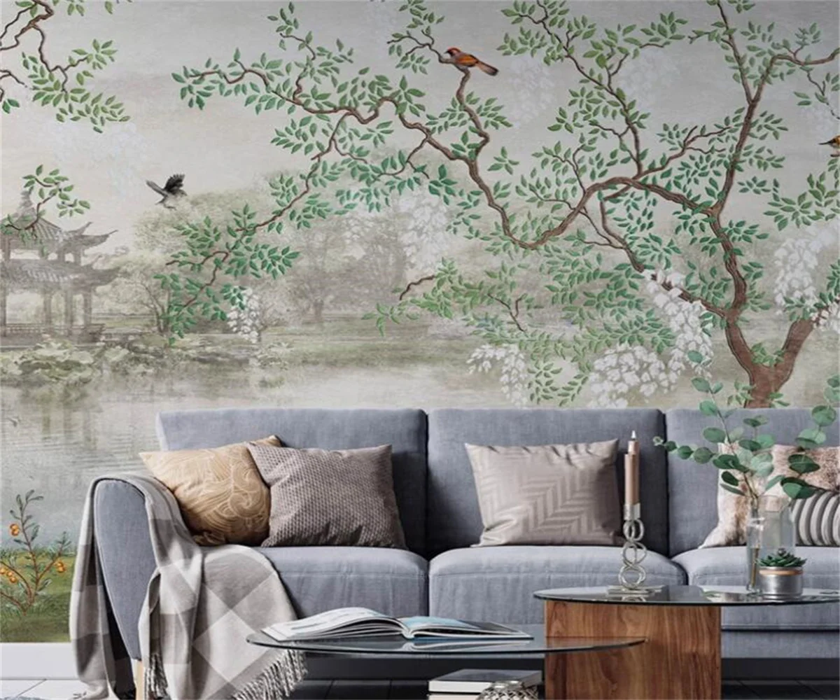 Custom mural Chinese retro tree Green Leaves bird pavilion scenery photo wallpaper Hotel study restaurant wallpapers home decor