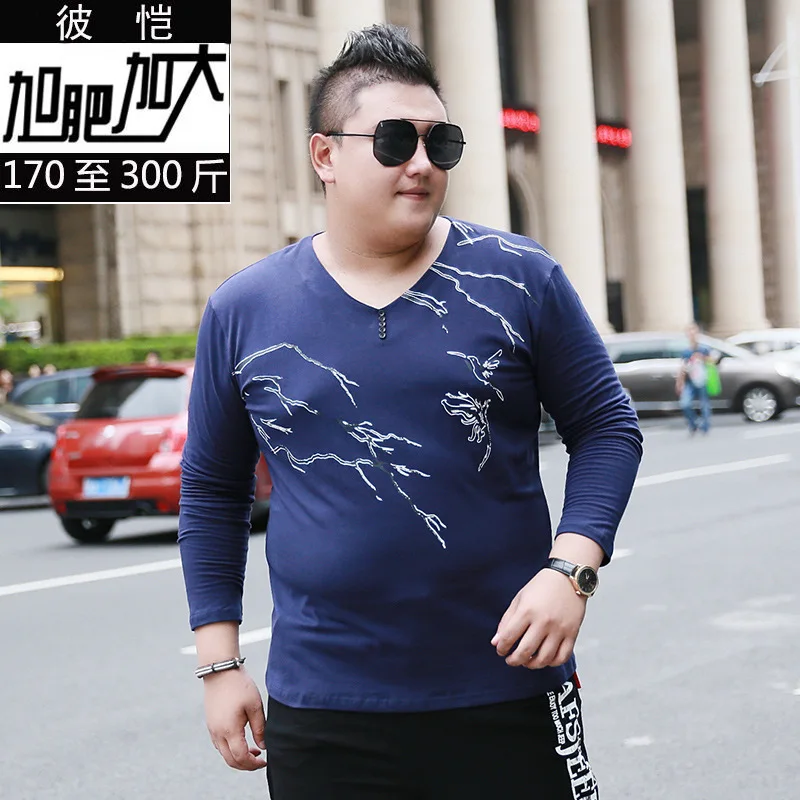 

Bird Branch Print Fat Men T Shirt V-Neck Long Sleeved Loose Tees Spring Autumn Quality Cotton Breathable Oversized 7XL Camisetas