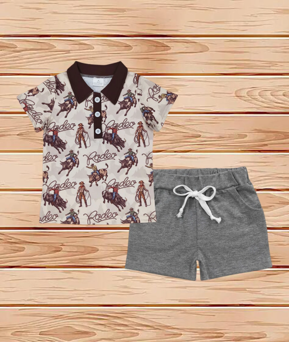 

3.26 Wholesale Western Boutique children clothing Outfits Baby Boys Western Rodeo Pullovers Shirt Grey Shorts Outfits Sets