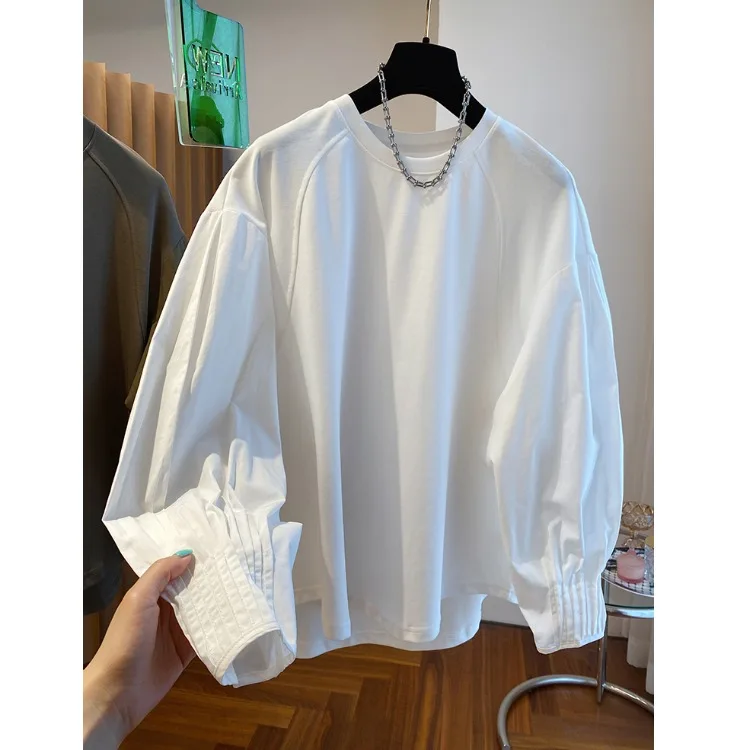 White Loose Cotton Long Sleeve Shirt Women's Early Autumn Base Layer Top Splice Sweatshirt Commute Style Pure Color round Neck