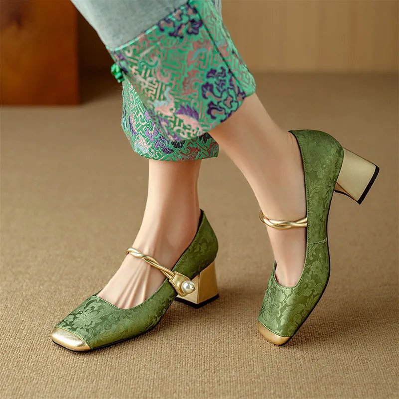 

Chinese Style Retro Woman High Heel Shoes High Quality Green Mary Jane Shoes Women Comfortable Soft Sole Elegant Women's Shoes