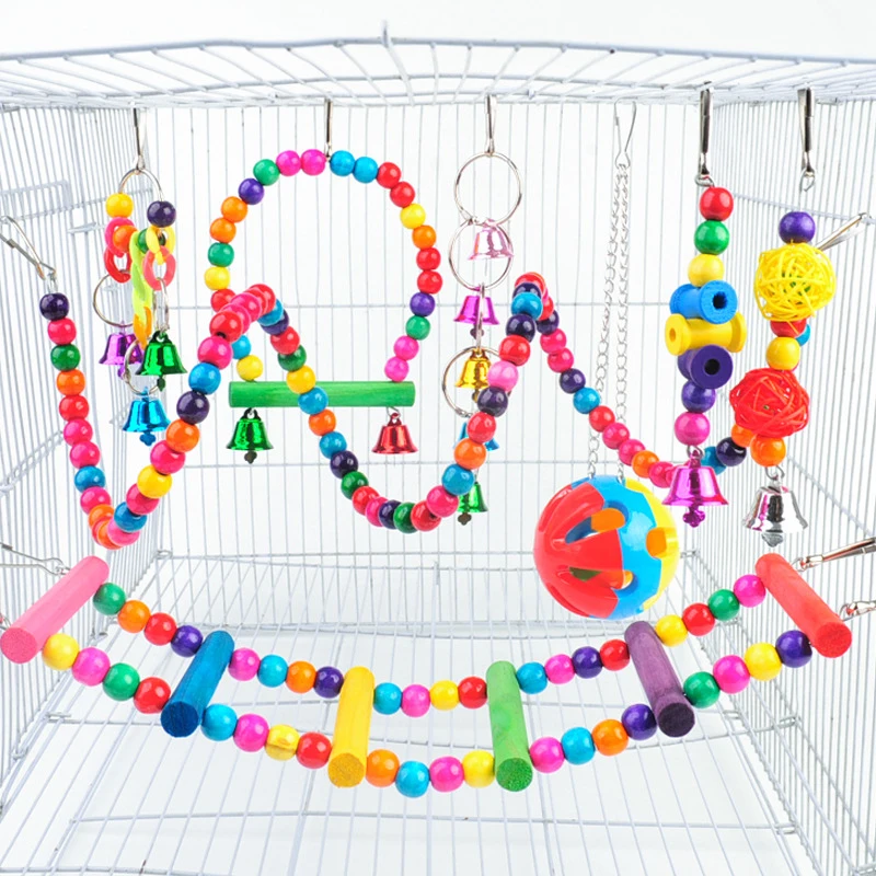 10 Pack Bird Cage Toys For Parrots Reliable & Chewable Swing Hanging Stand Training    Bridge Wooden Beads Ball Bell Toys