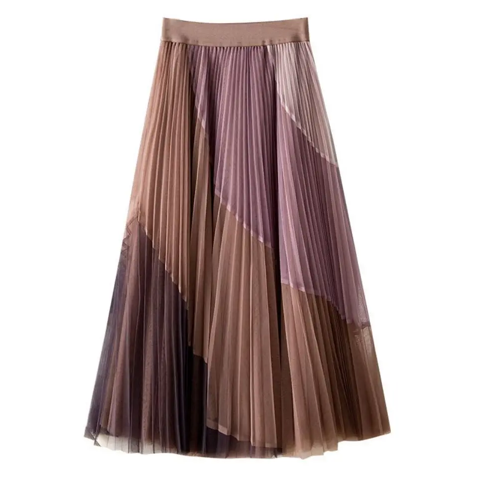 Gauze Patchwork Pleated Midi Skirt 2023 Summer New Fashion Office Lady Commute All-match Casual Elastic High Waist Women\'s Skirt