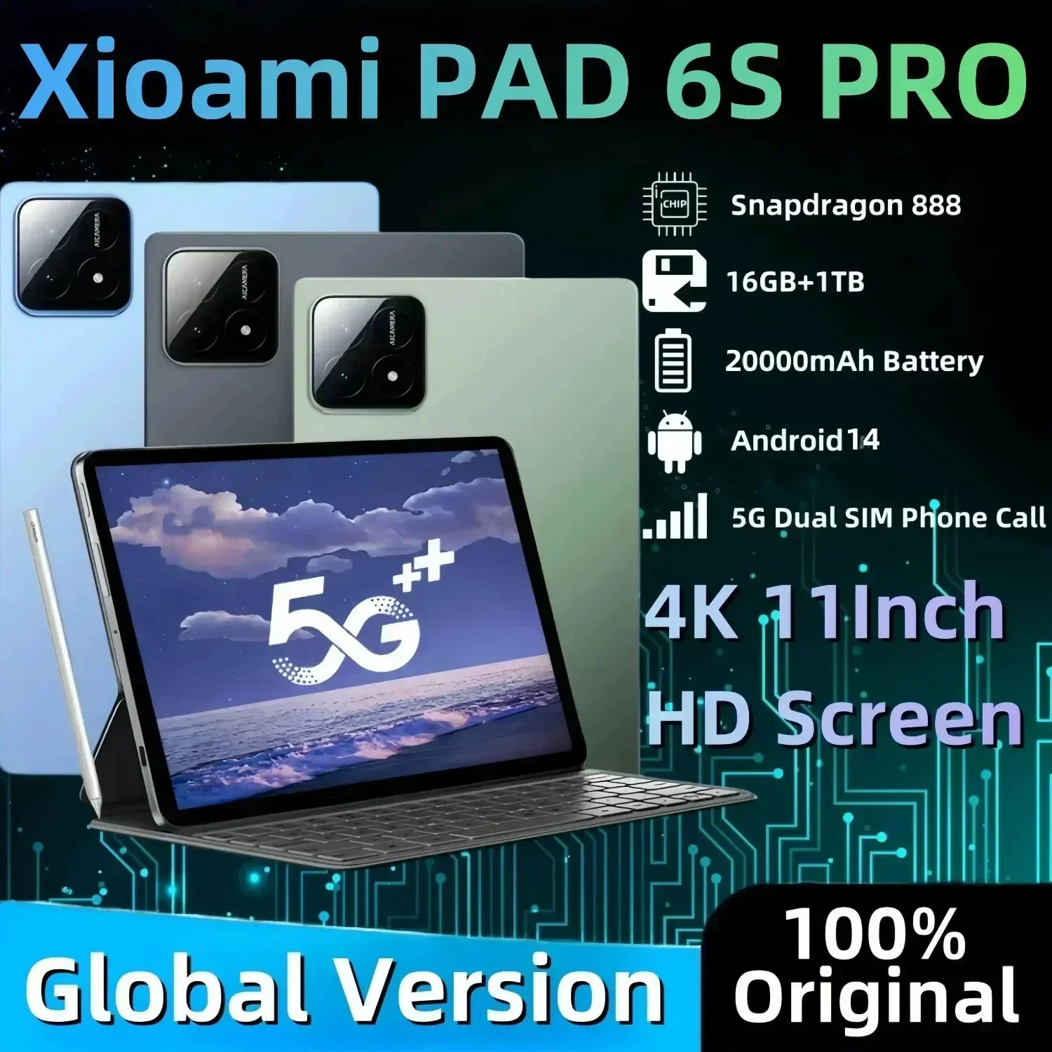 2025 Original Xioami Pad 6S Pro 11Inch Tablette HD 4K Android 14 16GB 1TB 20000mAh 5G Dual SIM Bluetooth WiFi GPS Tablet PC