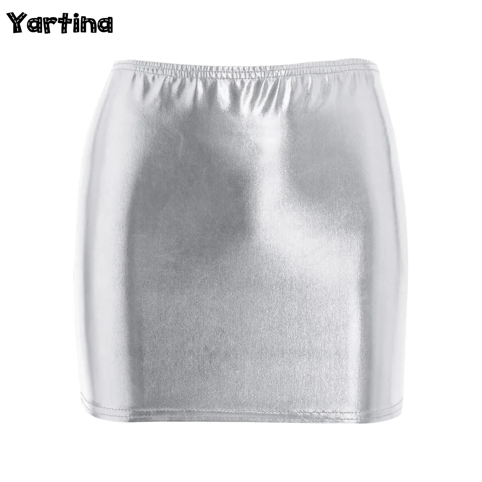 Minifalda corta ajustada elástica brillante metálica para mujer, minifalda con cintura elástica para traje de fiesta Rave de baile en barra