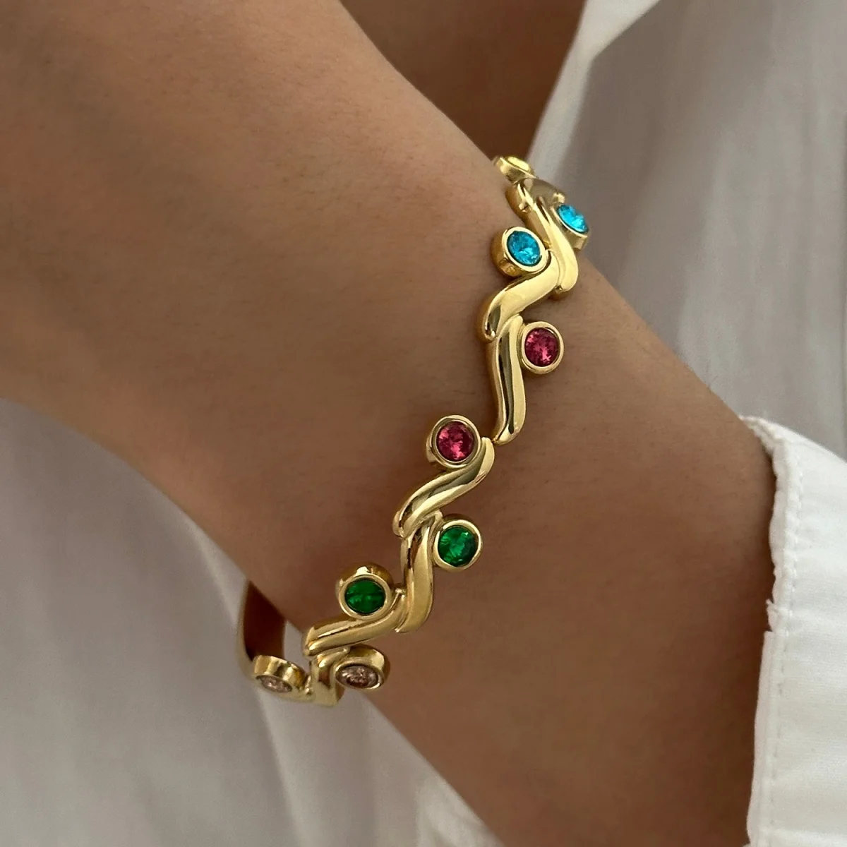 Vintage-Armreifen aus Edelstahl mit simulierten Perlen und Wellenmuster für Damen und Herren, bunter Zirkon-Stern, Liebesherz, gedrehter Armreif, Schmuck – Detail 20