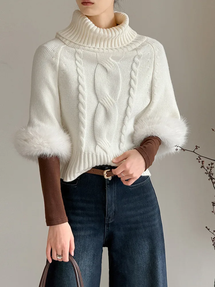 WHTREND شتاء جديد متعدد ارتداء خارج الكتف صوف الأغنام يشعر عالية الرقبة سترة الفراء الأكمام بلوفر مغزول WH2238 #5