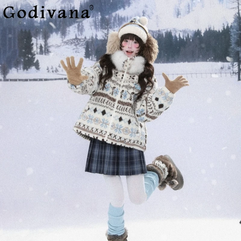 

Fur Collar Lamb Wool Cotton Jacket Women Winter New High Street Cotton Coat Female Japanese Style Hooded Sweet Parkas