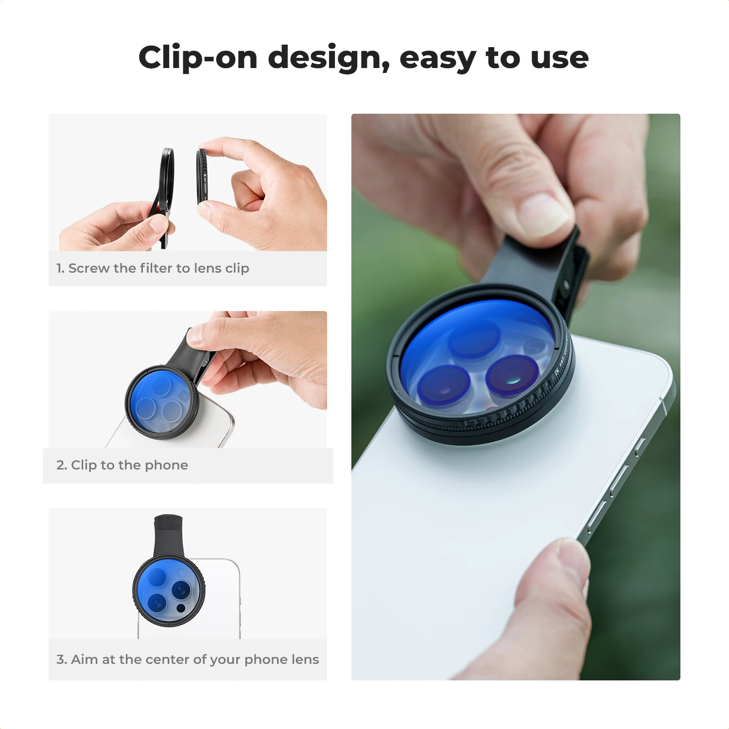 K & F CONCEPT-Filtre circulaire CPL à clipser pour tous les téléphones et objectif d\'appareil photo de 52mm, compatible avec iPhone 15 14