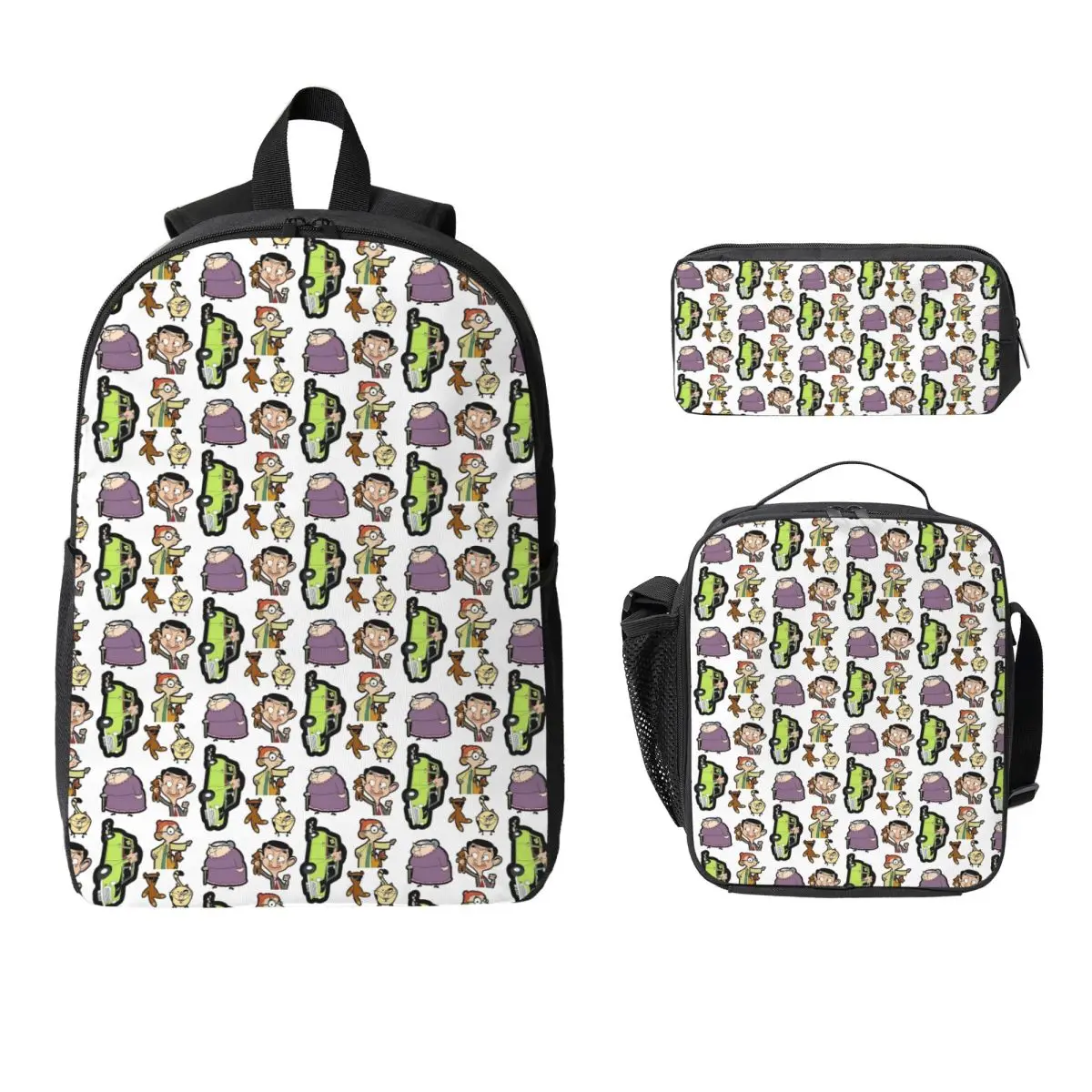 Mr. Bean Cartoon Backpack Student Boys Girls BookBag School Bag Laptop Shoulder Bags 3ps Insulated Lunch Bag Pencil Case