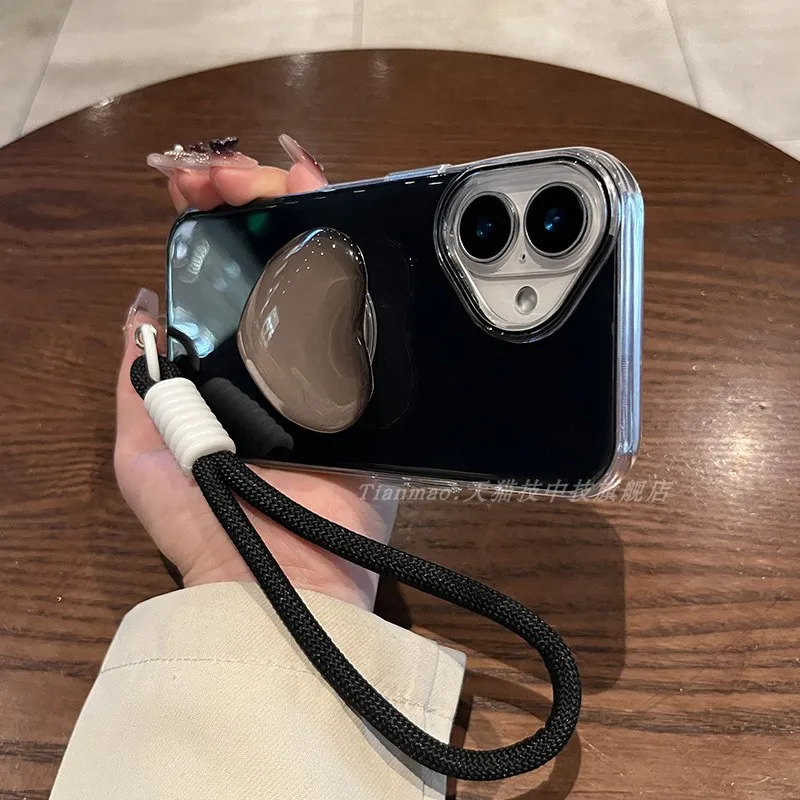 

【С ремешком】 Применимый чехол для телефона Apple 16, iPhone16 pro max, глянцевый желейный чехол, черный, с кронштейном и ручкой, веревка 12, 15 pro, новинка 13