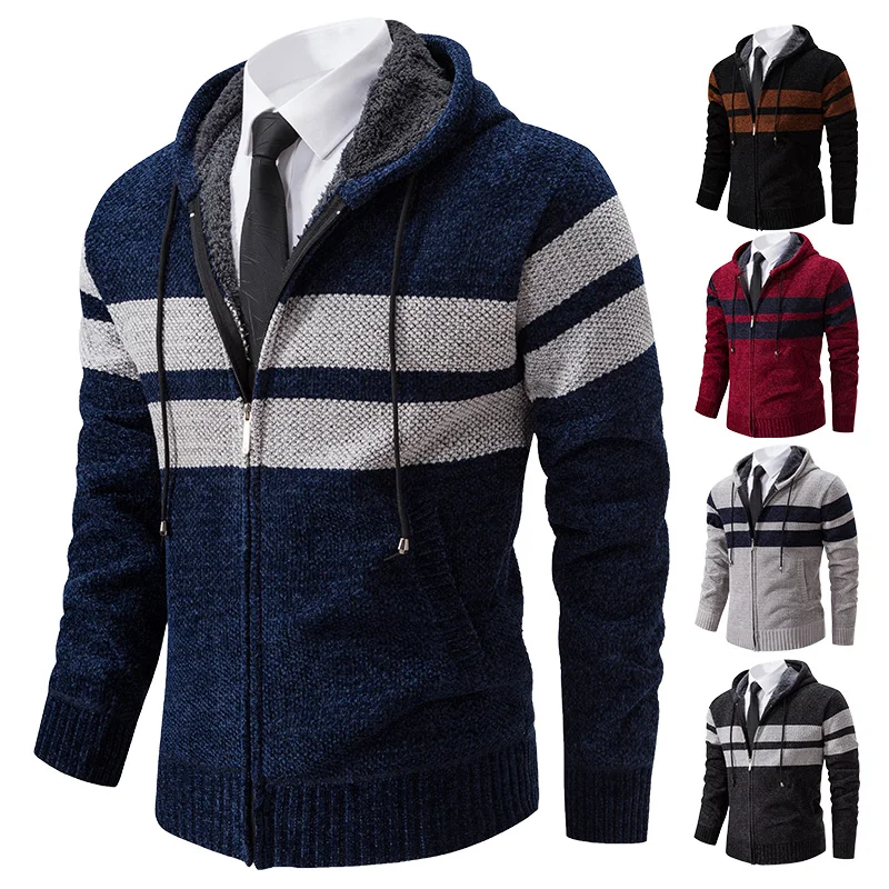 Maglione cardigan lavorato a maglia caldo color block moda ispessito in pile con cerniera a righe autunno/inverno da uomo