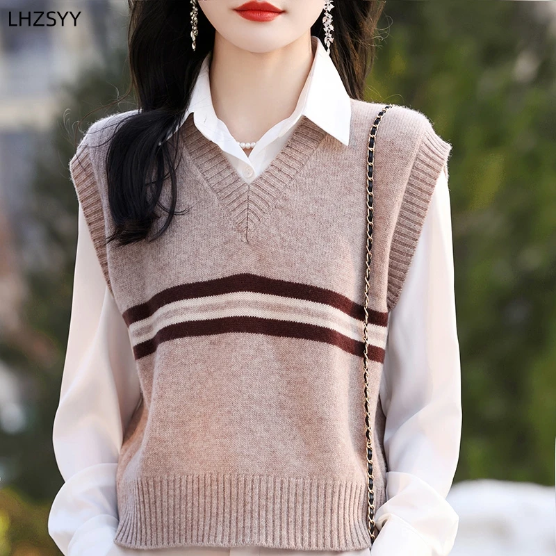 

LHZSYY 100% Merino Wool Vest Ladies V-neck Color Matching Sleeveless Sweater Vest 2024 Spring Autumn Short Jacket Knit Waistcoat