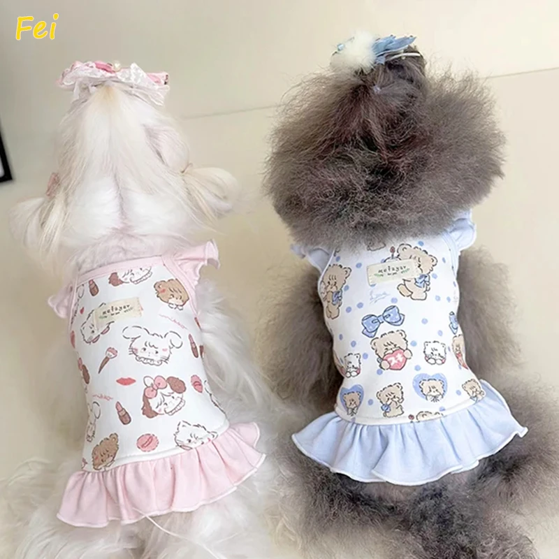 

2025 Spring Pet Dog Clothes Cute Small Bear Print Pink Blue Sling Dresses For Small Medium Dog Simple Thin Cotton Puppy Outfits