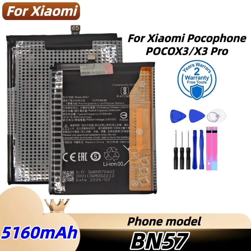 

BN57 5060mAh Phone Battery For Xiaomi Pocophone X3 Poco X3 Pro Replacement Batteries+Free tools