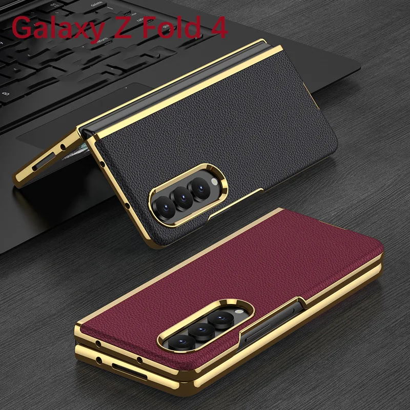 

Fashion Full Wrapped Plain Leather Fall Protection Folding Screen Electroplating Mobile Phone Case For Samsung Galaxy Z Fold4