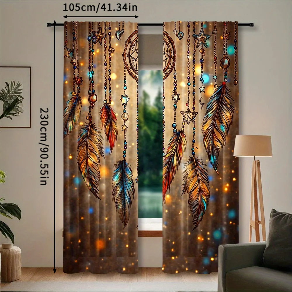 2pcs Boho Feather Curtains Dreamcatcher Print Blackout Drape Living Room Bedroom Window Treatment Home Decor