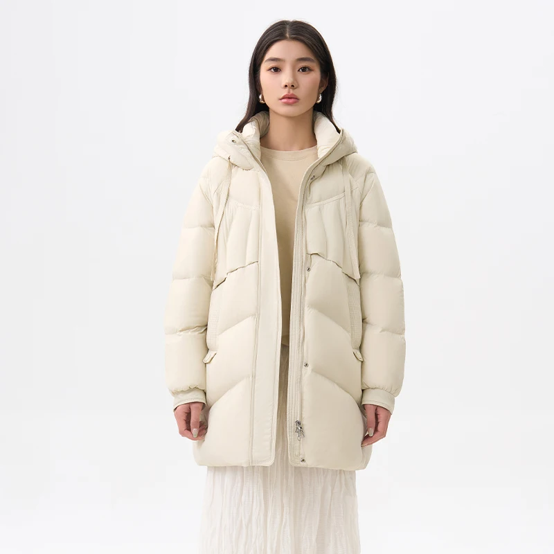 Chericom Women's Mid-Length Down Jacket 2025 Winter 3D Contoured Slim Fit Hooded Thermal Solid Color Windproof Coat Y309157Y