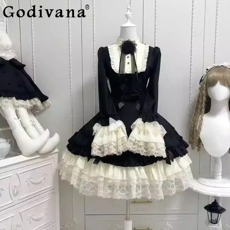 

Black Lolita Sweet Dress Cape Set Women's Hepburn Style Princess Shawl Two Piece Suit Female Japanese Black Lolita Outfits