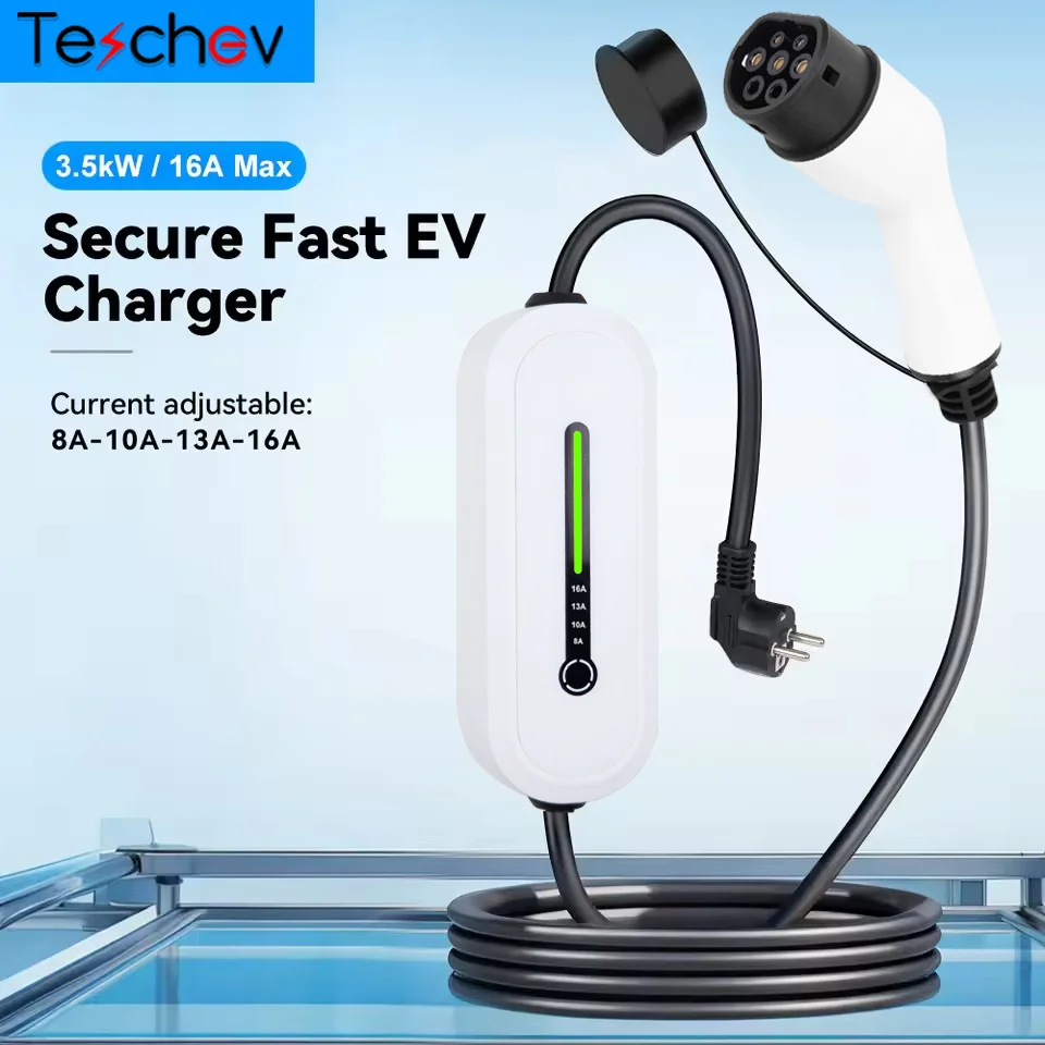 

Teschev 110-250V Portable EV Charger Type2 /GBT Plug 16A 1Phase 3.5KW Type1 3.5m Wallbox Charging Station for Electric Vehicle