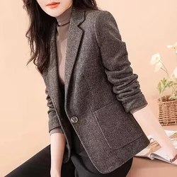 Dark Gray Thickened Suit Coat Women's Wool Coat 2022 Autumn Winter One Button Fashion Long Sleeve Woolen Suit Coat Female Blazer