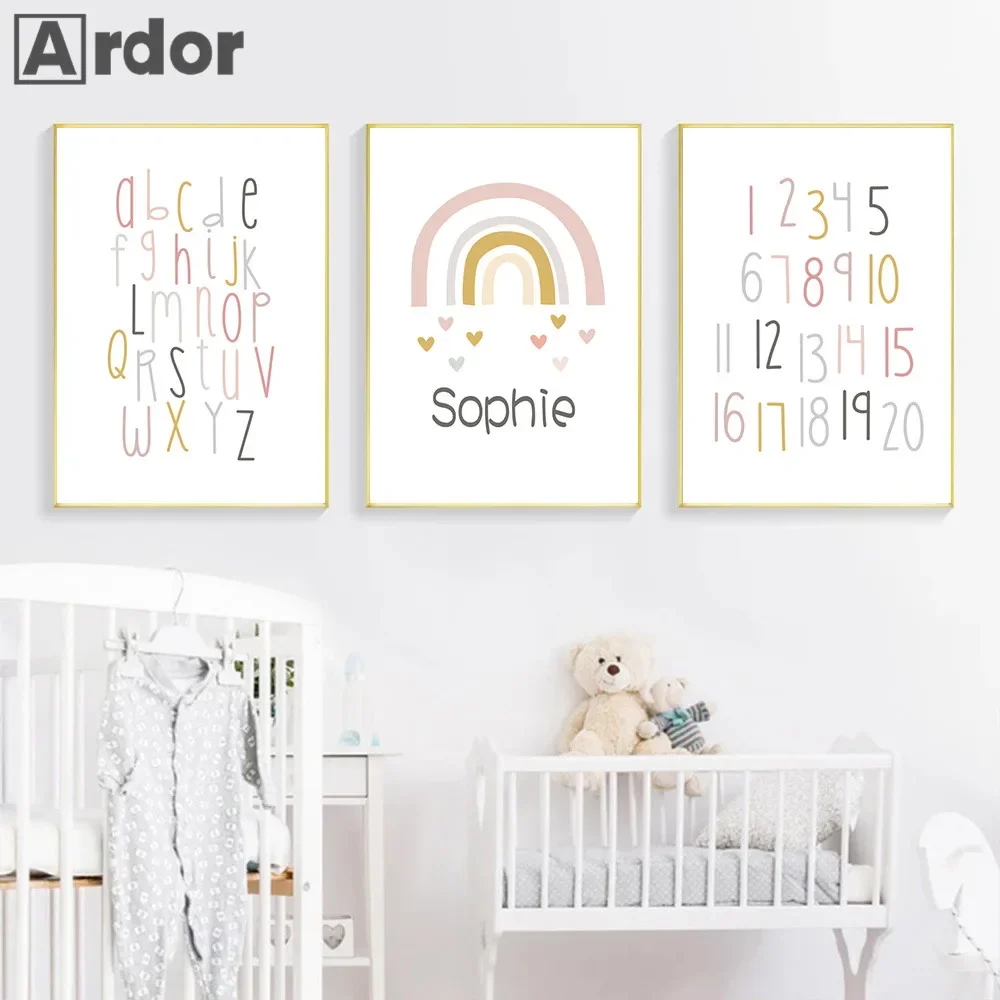 

Alphabet Numbers Rainbow Wall Art Print Pictures Custom Name Canvas Poster Nursery Wall Painting Nordic Posters Kids Room Decor