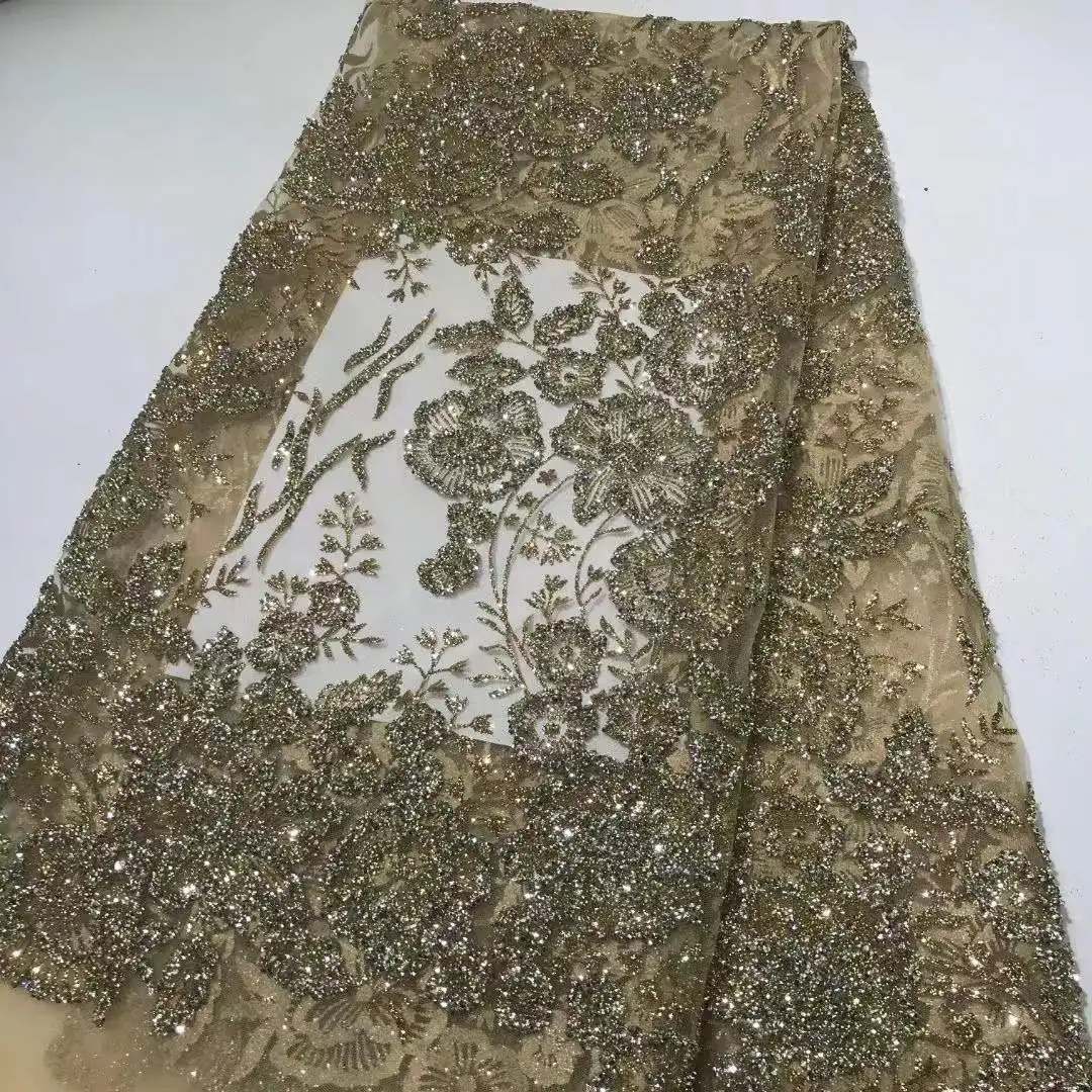 

April New 5 Yards Floral Sexy Mermaid Dubai Arabic Bling Glitter Tulle Lace Fabric for Occasion /Sawing Bridal Dress