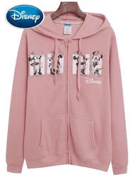 Disney Sweatshirt Minnie Mouse Letter Cartoon Print Fashion Women Pockets Hooded Zip Long Sleeve Fleece Jumper Tops Pink Femme