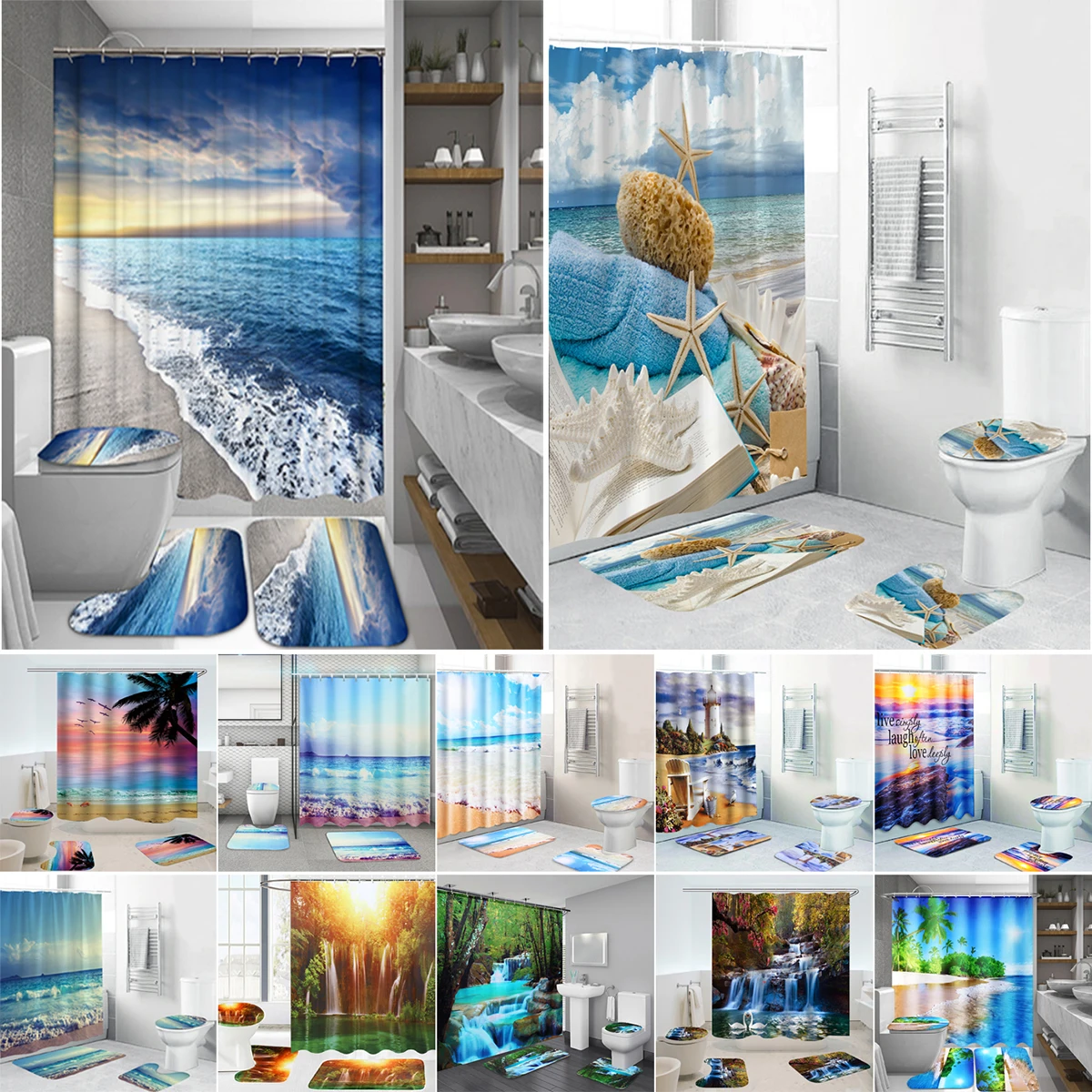 

Coastal Beach Scenery 3D Printing Waterproof Shower Curtain Set Pedestal Rug Lid Toilet Cover Mat Bathroom Set with 12 Hooks