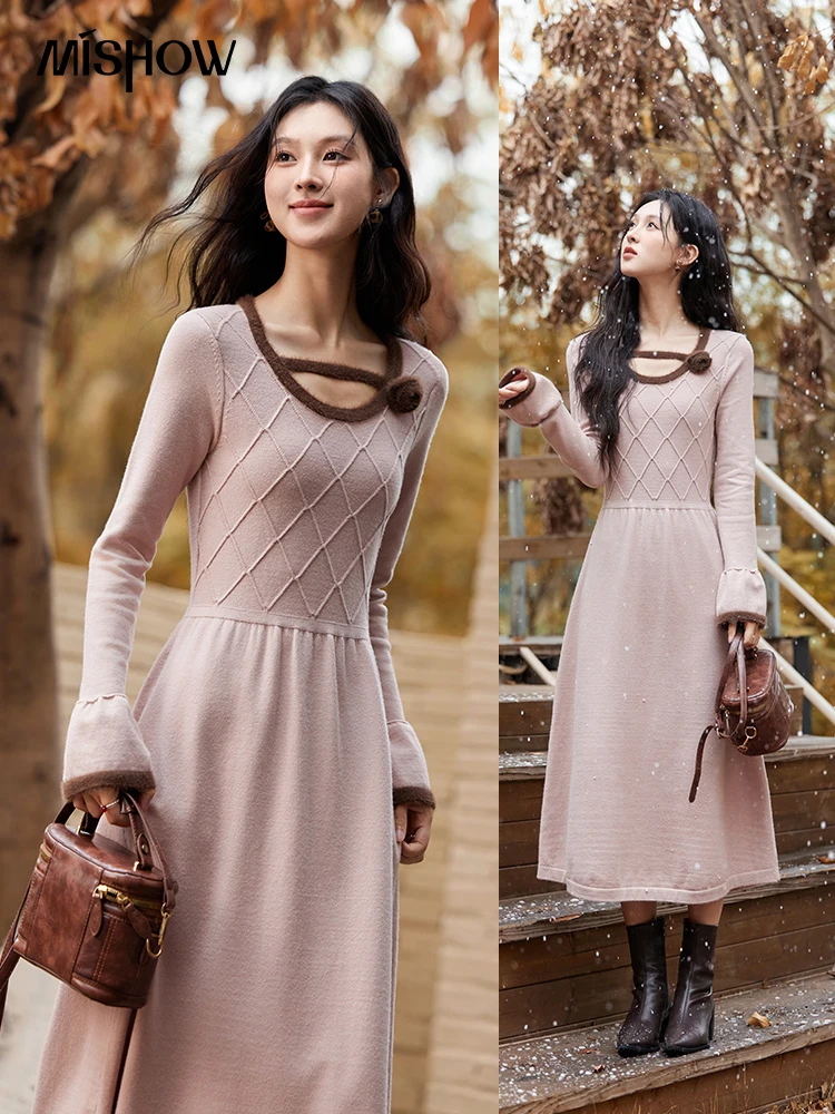 MISHOW Pink Dresses Spliced Collar Faux Rabbit Fur Core Spun Yarn Fabric Lingge Design A-LINE Sweets Soft Midi Skirts MXD58L2104