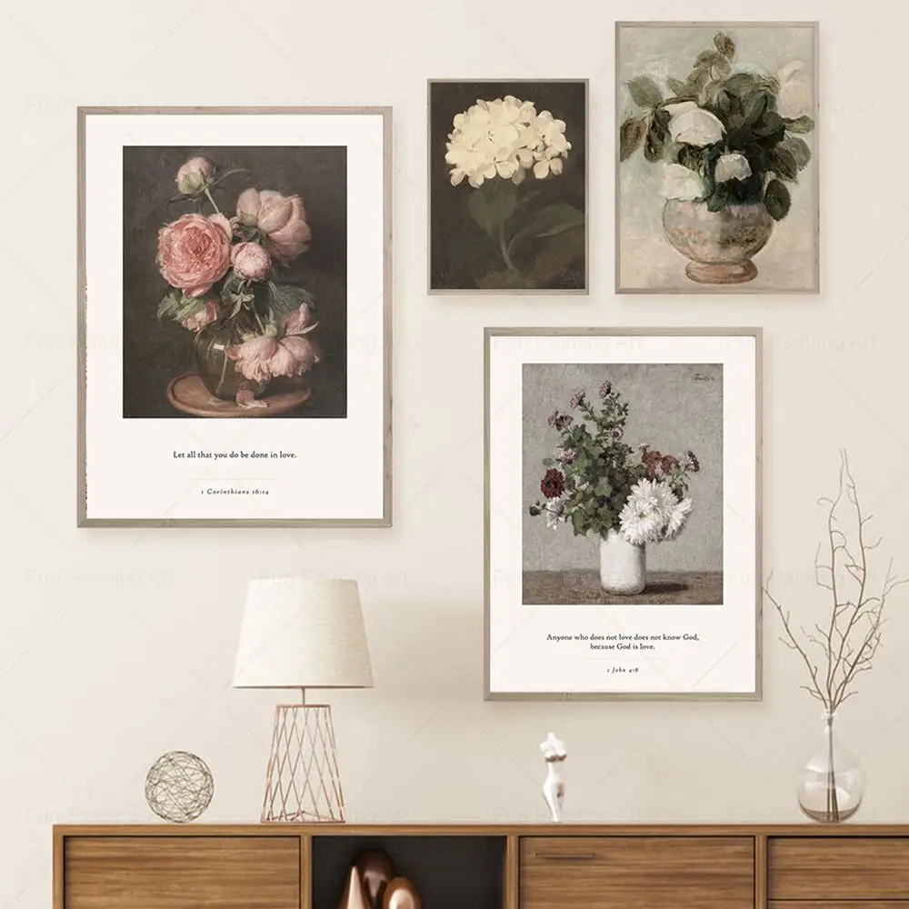 Vintage Poster Flower Art Print Light Dark Still Life Canvas Painting Nordic Gallery Bible Verses Wall Picture Living Room Decor
