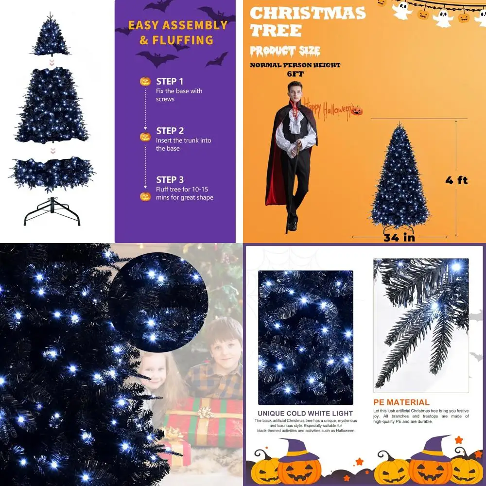 

150-Light Black Pre-Lit Artificial Christmas Tree, 4FT, 666 Branch Tips, Hinged for Easy Setup, Ideal for Holiday Decor
