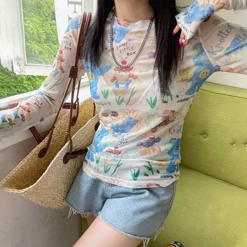 Sunscreen Clothing Female Summer Thin Long Sleeved T-shirt Printing Mesh Yarn Gauze Clothing Ice Silk Top Cover Up Shirt