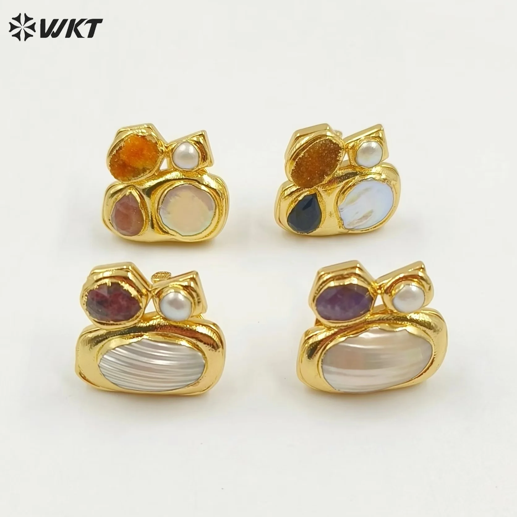 

WT-MPR083 WKT 2023 Retro Style Natural Pearl Druzy Quartz And Mabe Gold Plated Adjustable Ring Women Hip-Hop Party INS Jewelry