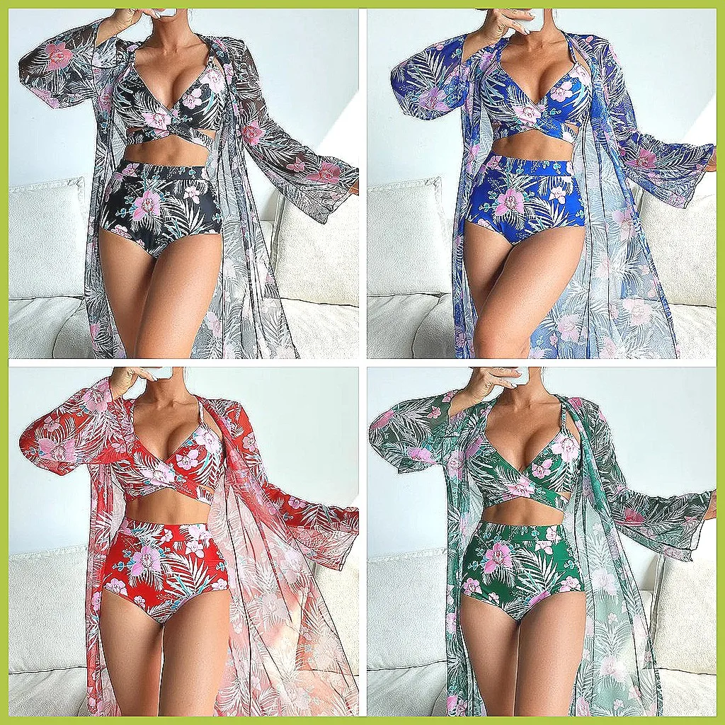 

2026 Summer Floral Print Push Up Bikini Set, 3-Piece Swimwear for Women Beach Pool Party(72 characters)