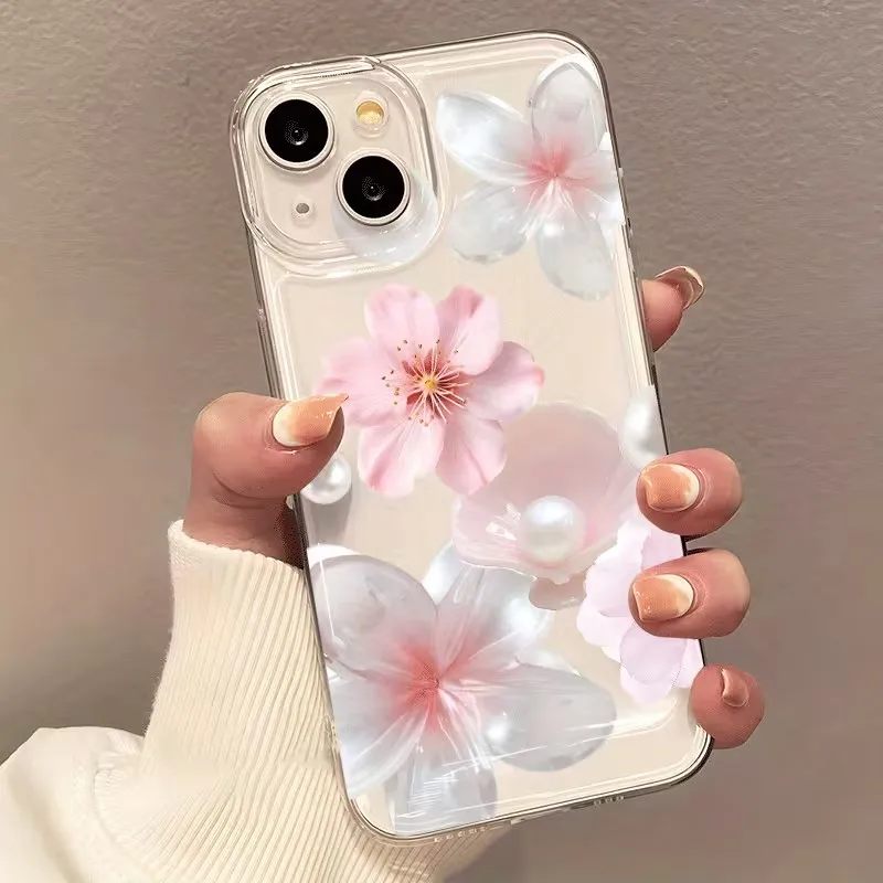 أنيقة الوردي زهر الخوخ اللؤلؤ طباعة جراب هاتف آيفون 16 17 برو ماكس 15 14 13 12 11 برو ماكس 16E X XS 7 8 زائد غطاء شفاف