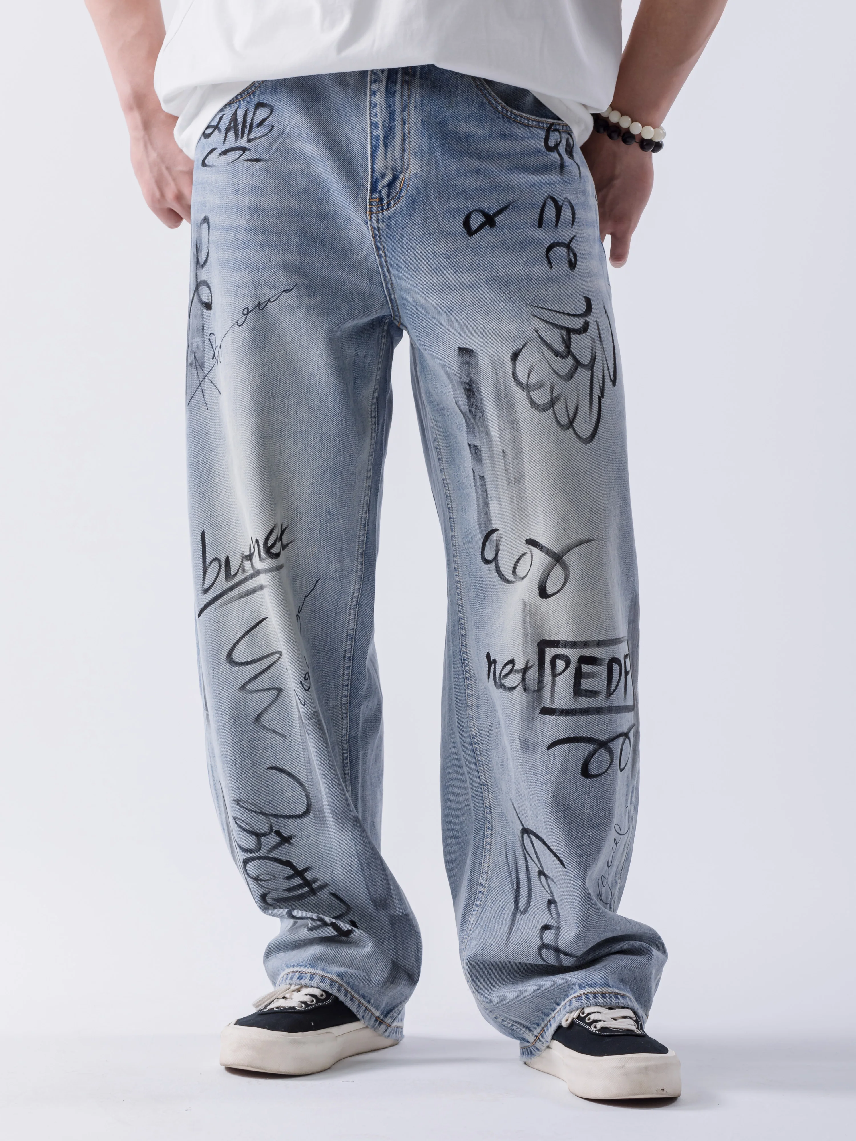 

Hand-drawn Pattern Graffiti Pants Hip Pop Wide Leg Pants Trousers Long Pants High Street Oversize Denim Baggy Jean for Men