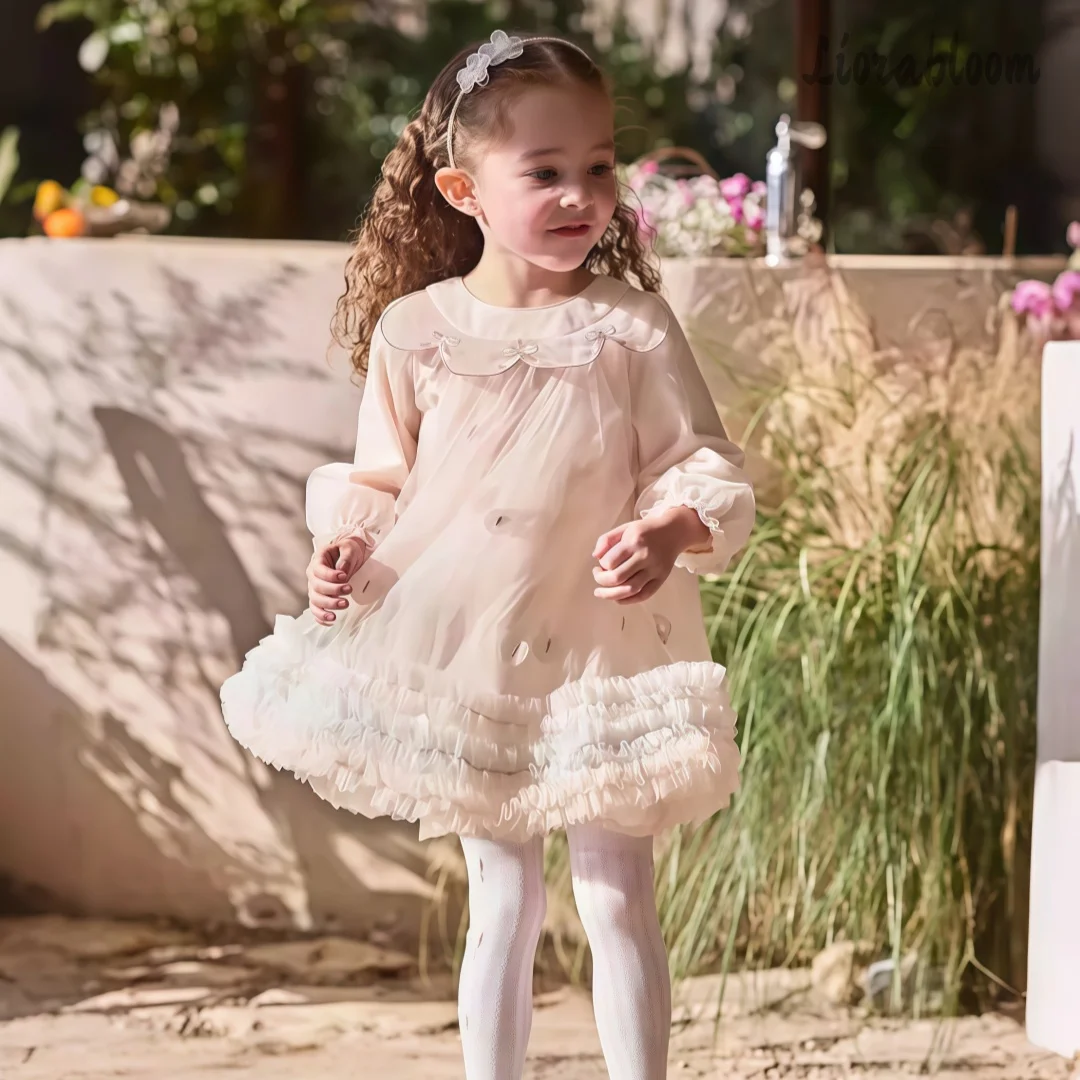 

Pink Long Sleeve Flower Girl Dress Sheer Casual Day Dress Princess Style Flower Girl Gown Mini Party Dress Wedding Gowns