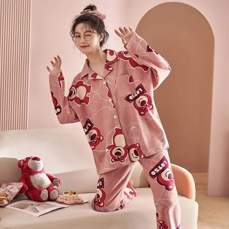 Disney Toy Story Lotso Pajamas for Women Spring and Autumn Sweet and Cute Long Sleeve Pants Suit Home Clothing Gift Wholesale