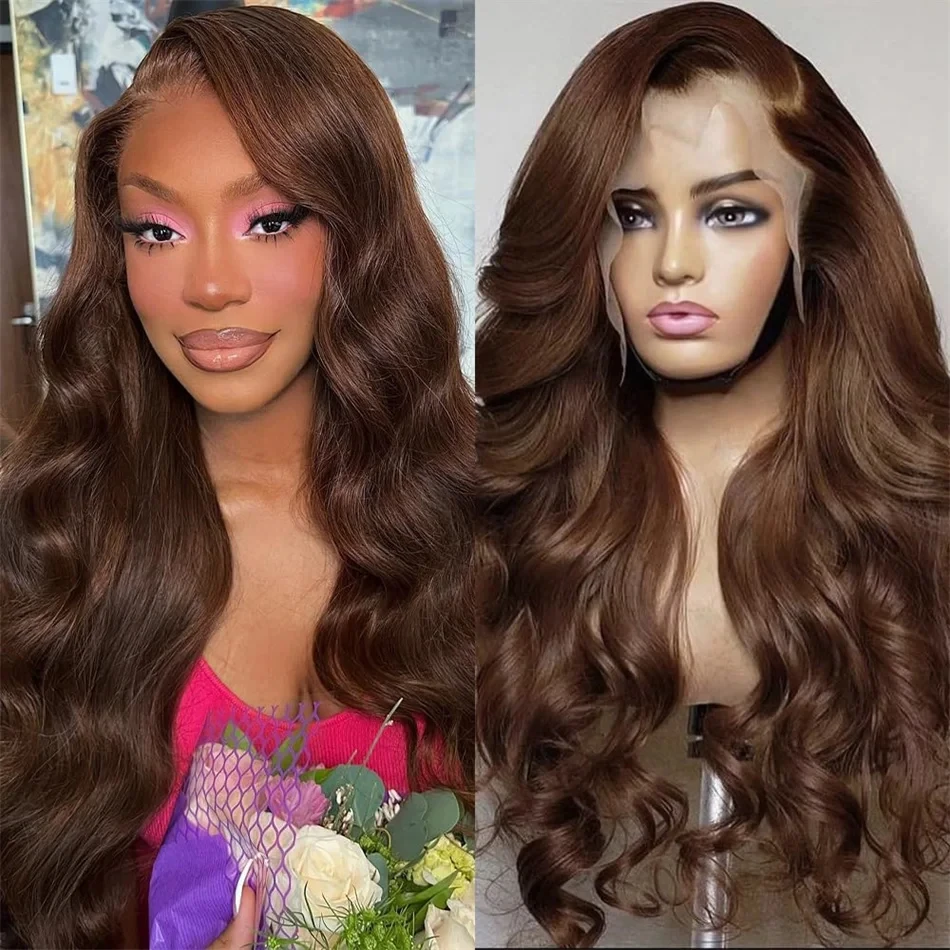 

Chocolate Brown Colored Body Wave 13x4 Lace Frontal Hair Wig 180% 220% Brazilian Human Lace Frontal Wig With Full Lace For Women