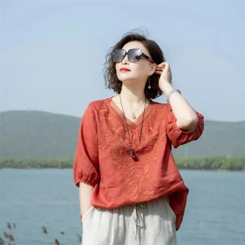 Summer New Literary Vintage Embroidery Cotton Linen Shirt Ladies Half Sleeve Loose Casual Fashion Blouse Women's Clothing Tops