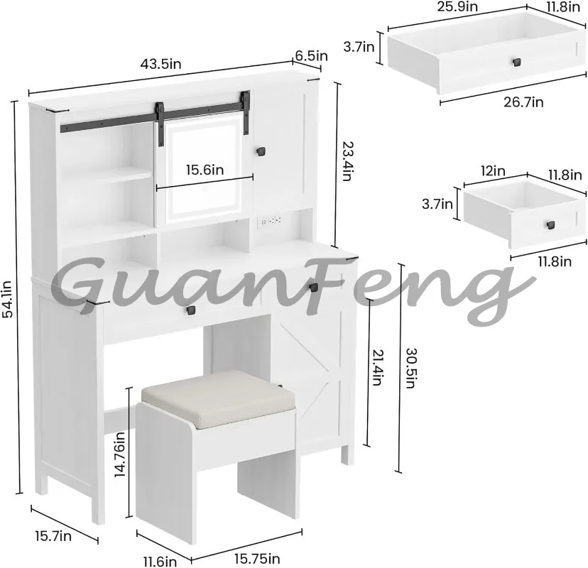 White Makeup Vanity Desk Modern Bedroom Dressing Table with Mirror Lights Built‑in Power Strip 2 Silent Sliding Drawers