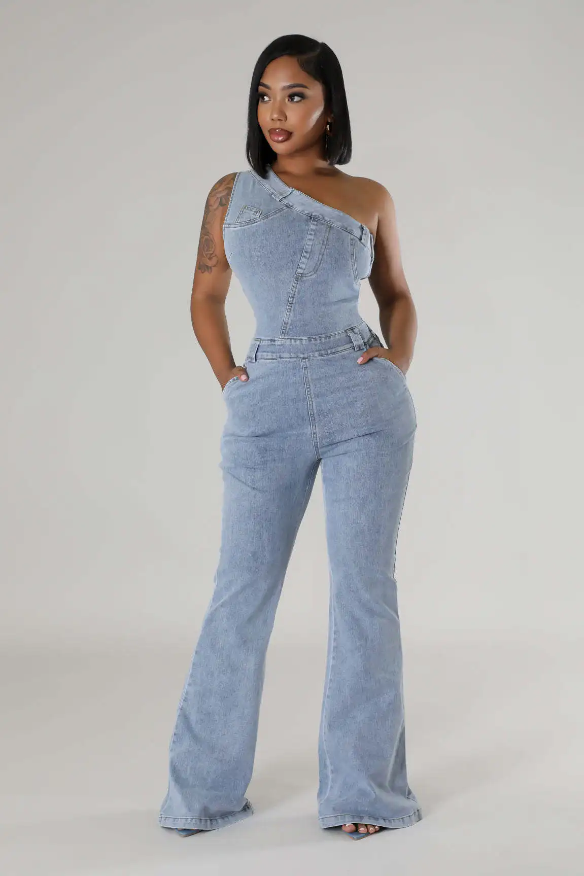 Summer Women Casual Diagonal Shoulder Tight Waist Slim Stretch Denim Romper Jumpsuit Streetwear Flared Pants Jeans Jumpsuit