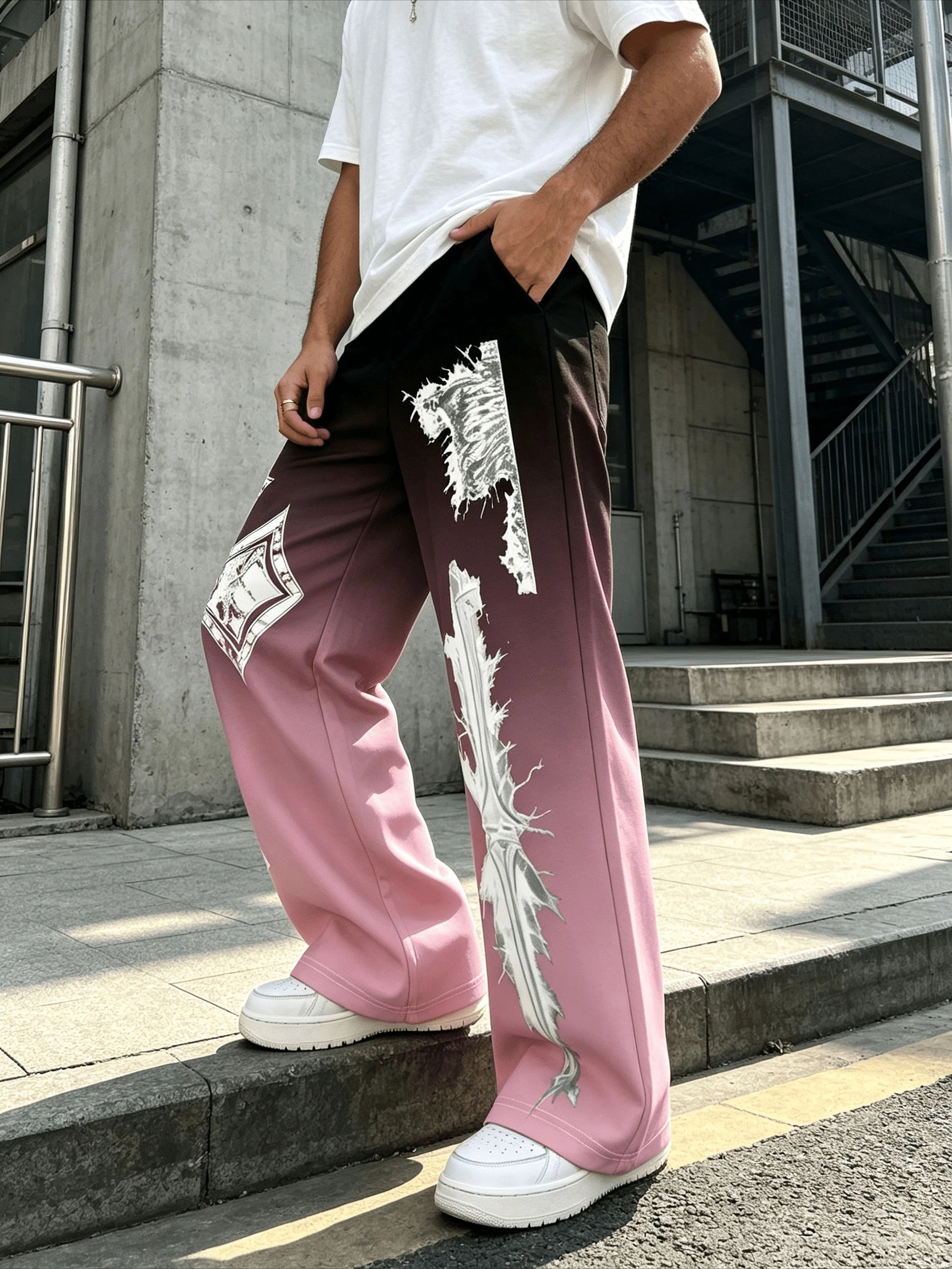 Men's Black To Pink Gradient Sword Cross Print Wide Leg Pants, Drawstring Elastic Waist, Gothic Streetwear Loose Pants