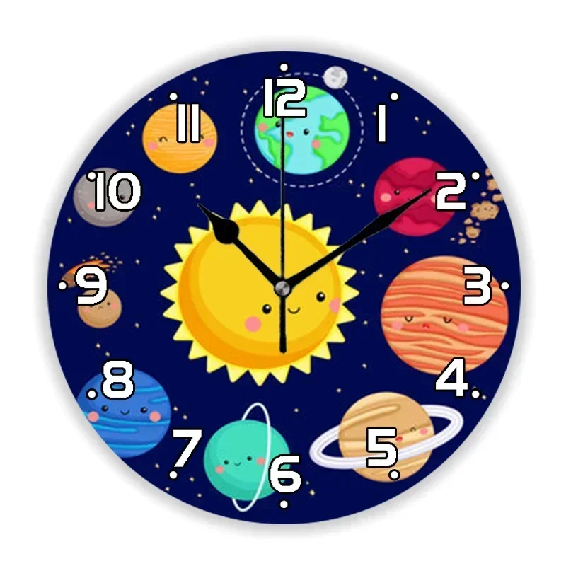 Colorful Cartoon Planets of Solar System Galaxy Universe Wall Clock for Kid Bedroom Boy Nursery Space Cute  Watch Home Decor